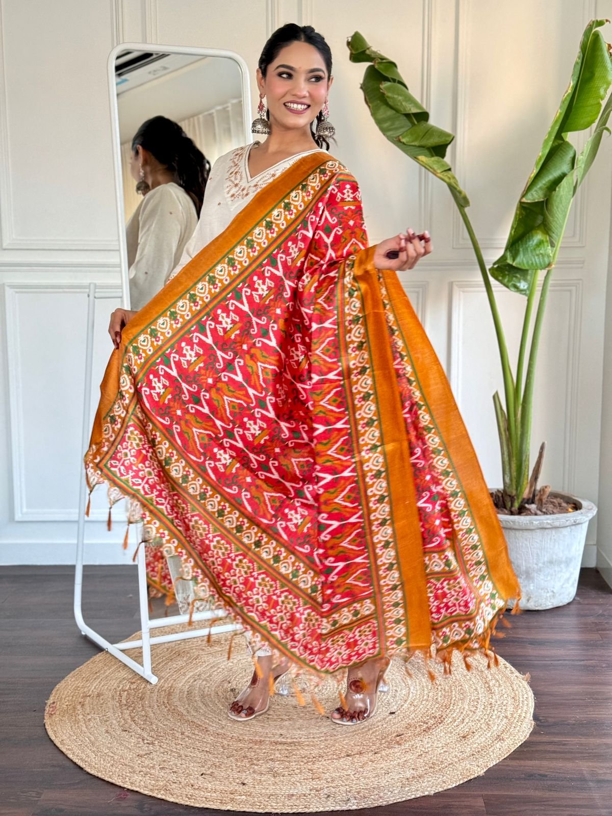 Cotton Flex Embroidered Kurti Set with Silk Dupatta